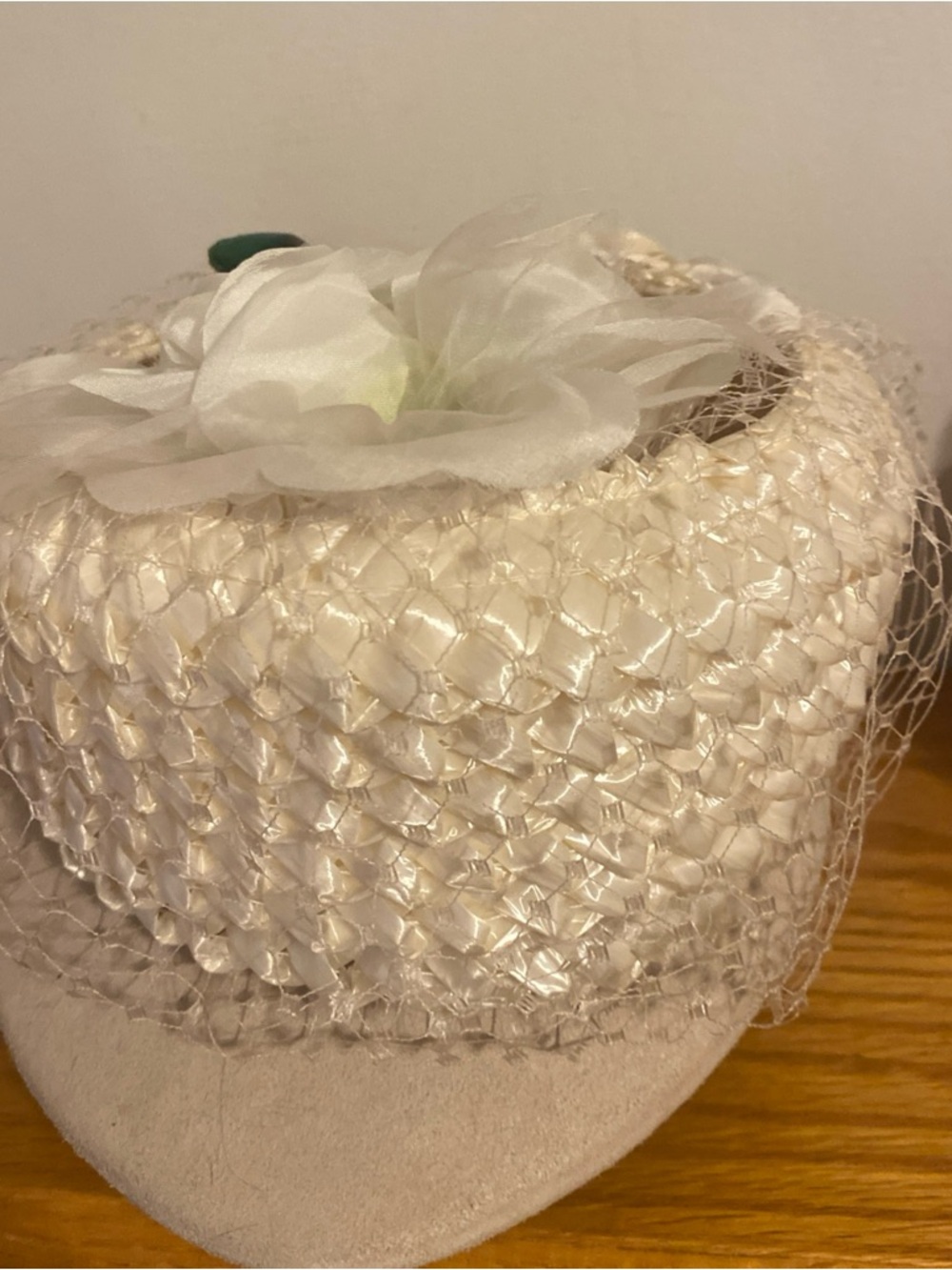 Vintage Cream Woven Veil Cocktail Hat with Floral Accent